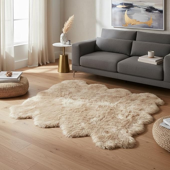 Octo Sheepskin Area Rug 6x6 Ft – 100% Genuine Long Hair Lambskin – Premium Soft & Fluffy Light Beige Rug for Bedroom or Living Room – Made in Argentina