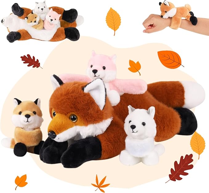 4 in 1 Fox Stuffed Animal Plush, 19" Large Mommy Stuffed Red Fox Toy with 3 Baby Stuffed Foxes Inside, Huggable Fox Plushies Pillow Gifts for Kids Christmas Birthday Party Favor