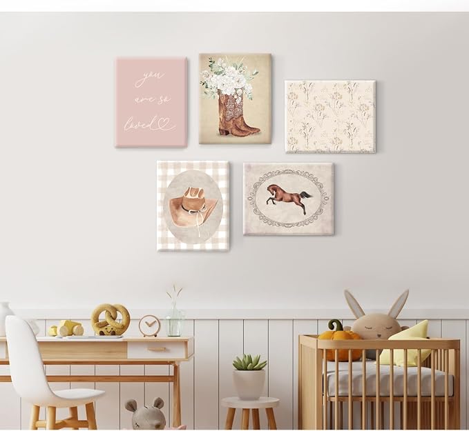 Cowgirl Nursery Wall Art Coquette Western Girl Poster Vintage Horse Floral Canvas Pictures Aesthetic Pink Preppy Room Wall Decor Rustic Cowgirl Prints for Girls Bedroom 8x10x5 Inch Framed