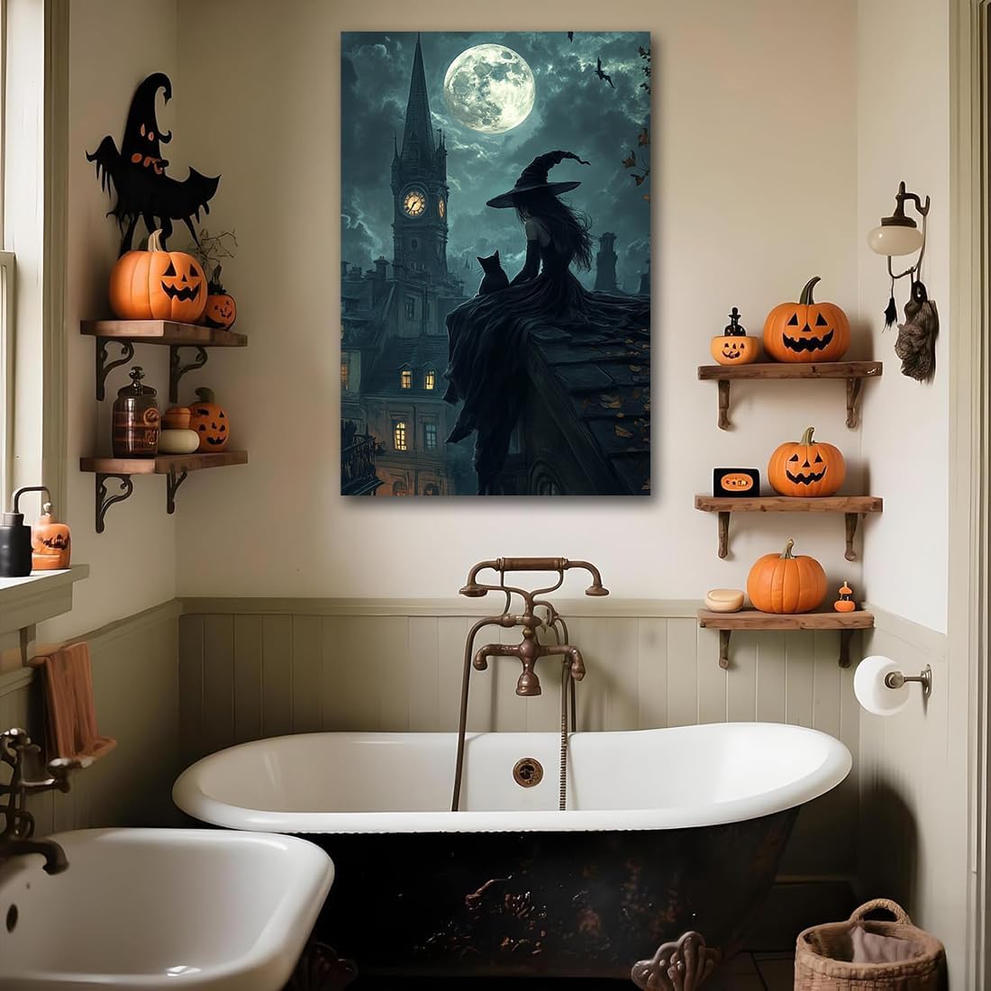Halloween Witch Black Cat Wall Art,Magical Moon Witch on Roof with Black Cat at Night Scene Painting Haunting Dark Witches Canvas Print for Haunted House Party Decor Poster,8"x12" Framed
