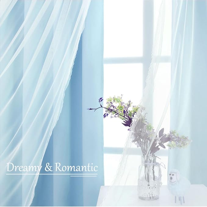 Extra Long Light Blue Blackout Double Layers Curtains Set, Mix & Match Elegance Blue with White Crushed Voile Drapes for Living Room with tie-backs, Nursery, Kids' room, Bedroom, 52'' x108''