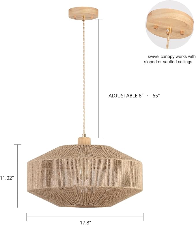 Coastal Large Woven Pendant Light Fixture 17.8 inch One-Light Adjustable Natural Hemp Rope Cage Pendant Lighting for Kitchen Island Dining Room Living Room Farmhouse