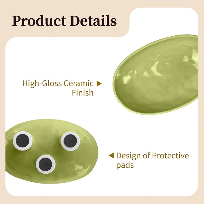 Three-Leg Ceramic Fruit Bowl, 10 Inch Oval Serving Dish for Kitchen Counter, Candy or Key Holder, Home Decor Accent Beige Green