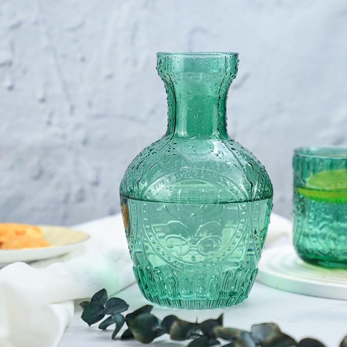 Retro Relief Glass Bedside Night Water Carafe with Tumbler Glass, Pitcher And Cup Night Set-Green
