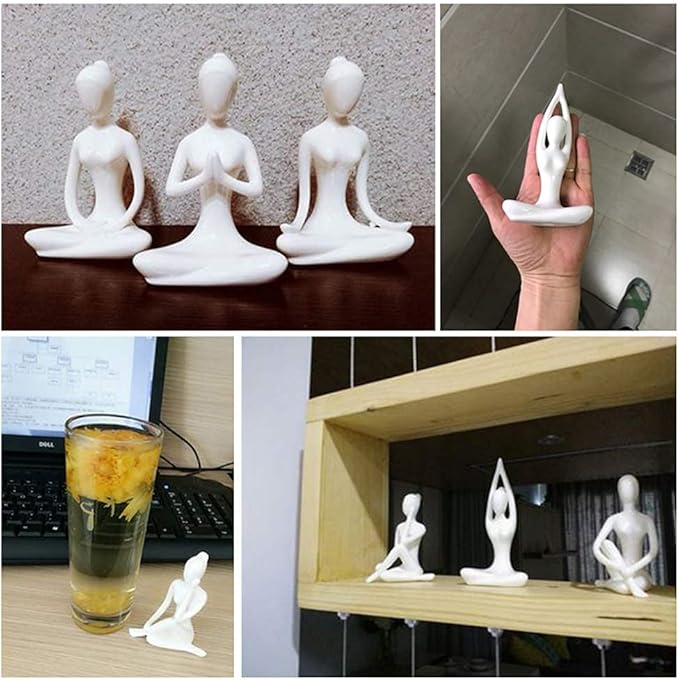 OwMell Lot of 4 Meditation Yoga Pose Statue Figurine Ceramic Yoga Figure Set Decor - White