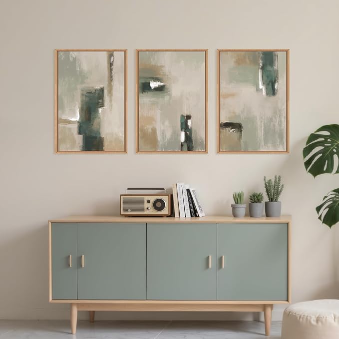 Large Abstract Green Brown Framed Canvas Wall Art,Modern Brush Stoke Wall Decor,Neutral Beige Grey Painting,Rustic Minimalist Artwork for Living Room,Bedroom,Dining Room,Office -24"x36"x3