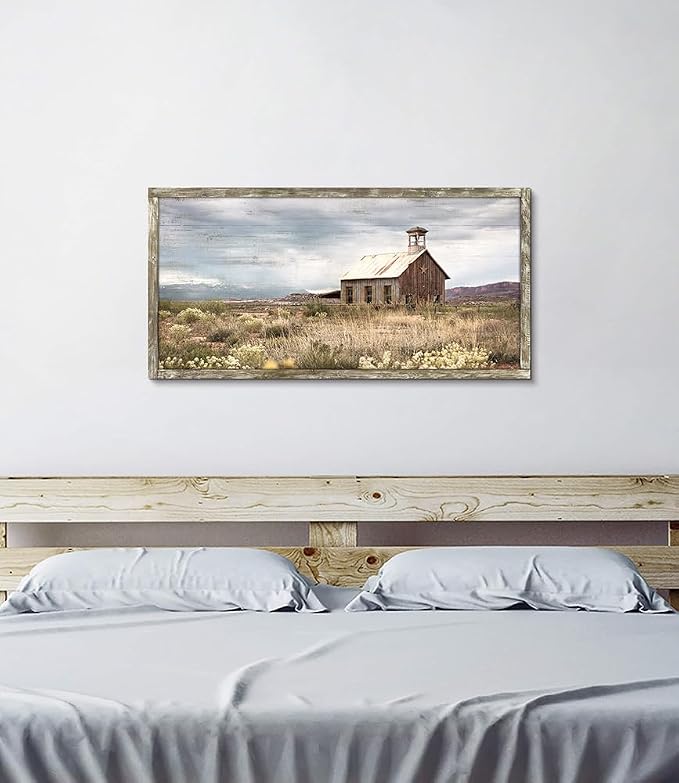 Country Wall Art Framed Picture: Large Farmhouse Old Barn Wood Painting Decor Rustic Bedroom Living Room Farm Scene Print Horizontal Panoramic Nature Landscape Countryside View Artwork for Home