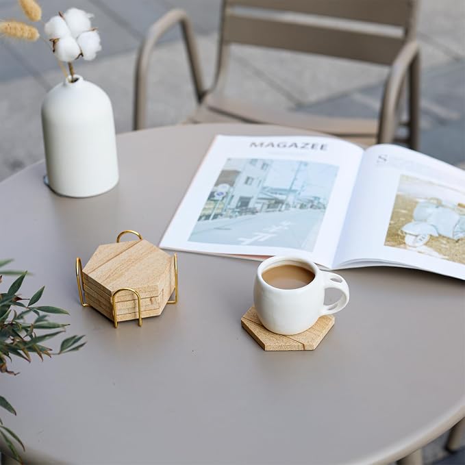Hexagonal Sandstone Coasters Set of 6 with Holder, Absorbent Stone Coasters with Soft Backing for Table Protection, Farmhouse Rustic Sandstone Coaster for Coffee Table Desk Patio Home Decor