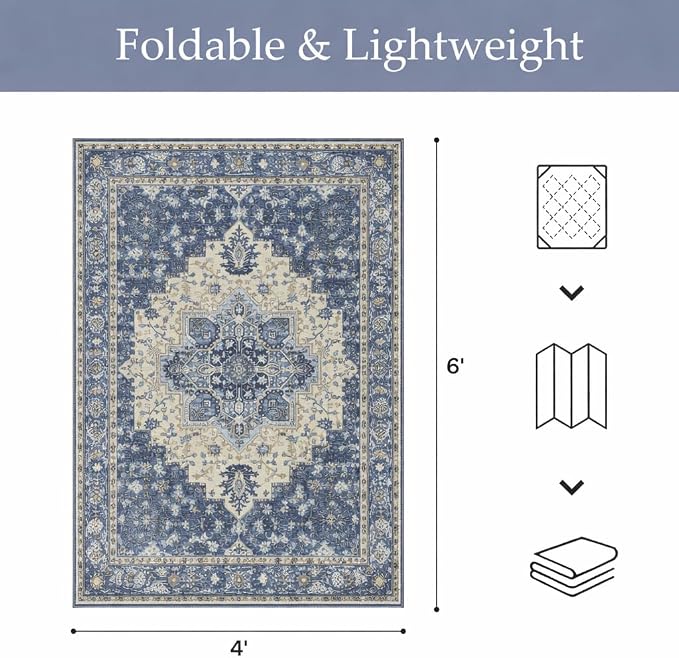 GENIMO Outdoor & Indoor Area Rug 4'x6', Waterproof, Non-Shedding, Easy Cleaning, Boho Mat for Patio, Living Room, Balcony, Dining Room, RV, Deck, Bedroom, Camping, Outside Carpet,Center Blue