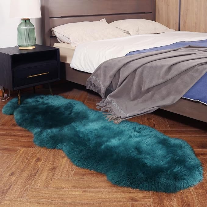 IRIWOOL Premium Genuine Fur Sheepskin Rug Real Australia Sheepskin Natural Luxury Fluffy Lambskin Fur Area Rug Seat Covers for Kids Bedroom Sofa Chair Cover (Dark Aquamarine, Double Pelt/2ft x 6ft)