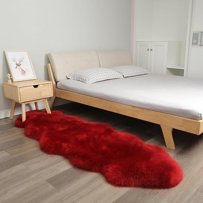 AOGELAN Red Genuine Sheepskin Rug, Fuzzy Fluffy Shaggy Fur Soft Area Rug for Soft Fuzzy Plush Bedroom Living Room Fur Wool Pray Pup Cushion, Chair Sofa Seat Cover(Red, 2 Pelt)