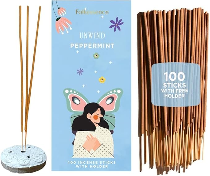 Folkulture Incense Sticks with Holder (100 Sticks)| Peppermint Incents Stick for Focus,Aromatherapy, Relaxation Gifts for Women | No Charcoal,Organic,Non Toxic, 45 Mins, Slow Burning Insence-Sticks