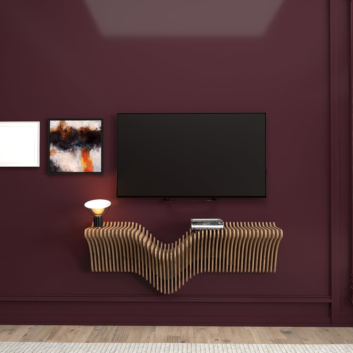 Parametrics 40 inch Floating Shelf TV Unit Modern Geometric Wooden Wall Piece Decor Natural Oak Color 3D Wavy Living and Gaming Room Shelf