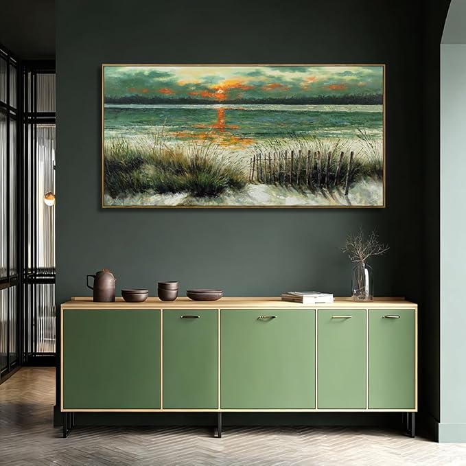 Kureful Green Abstract Wall Art Sunrise Beach Sea Ocean Sage Green Landscape Wall Decor Poster Pictures for Living Room Bedroom Dining Room 24"x48"