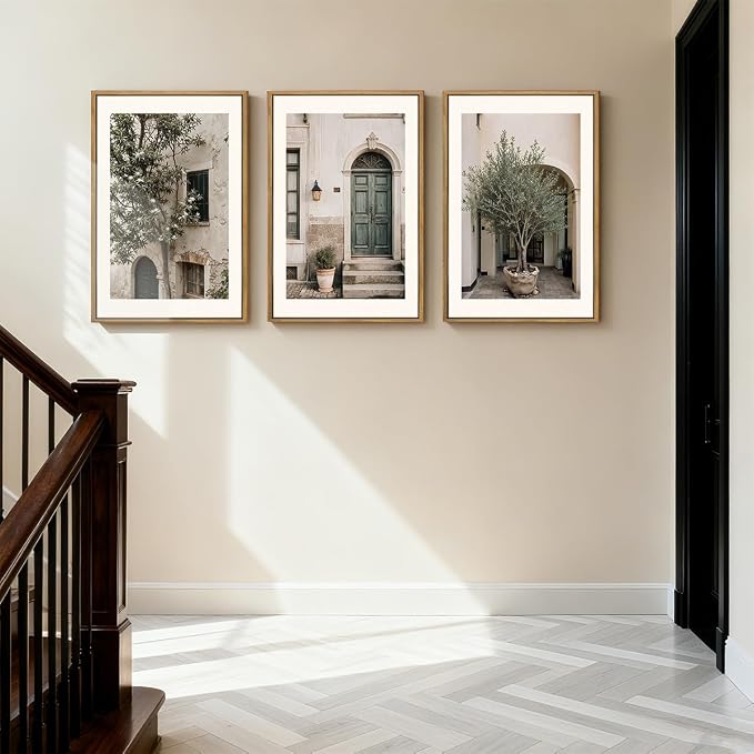 HPNIUB Large Vintage Italy City Landscape Framed Canvas Wall Art Set, Olive Green Tree Country Wall Decor, Modern Minimalist Countryside Villages Picture for Living Room,Bedroom,Office-24 x36 x3
