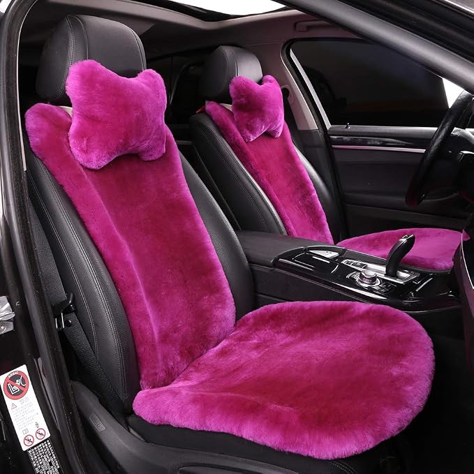 OGLAND Fluffy Fuzzy Sheepskin Car Seat Covers for Universal Soft Cozy Fuzzy Auto Wool Seat Cushion Accessories Automobiles(3 Pack Front, Magenta)