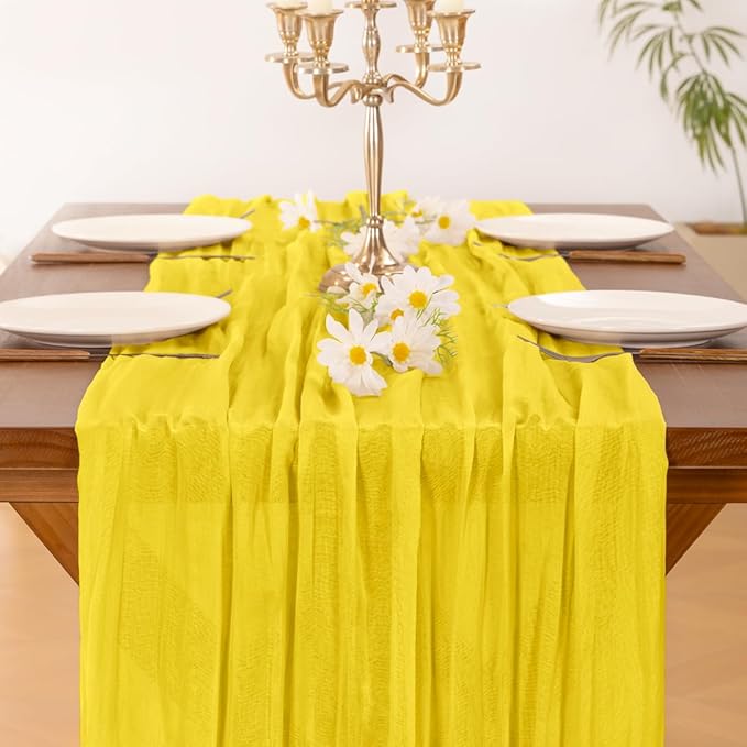 Socomi 2pcs Yellow Spring Cheesecloth Table Runner Boho Rustic Gauze 120 inch 10FT Cheese Cloth Runner for Wedding Party Baby Shower Birthday Home Decor