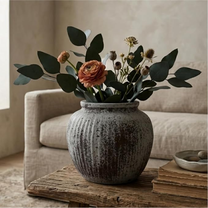 Oakrain Large Rustic Vase, 11" Distressed Round Floor Vase for Home Decor, Farmhouse Centerpieces Planters for Living Room Indoor Outdoor Use, Gray