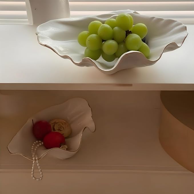 White Shell Decorative Bowl – 11" Clam Shell with Gold Rim, Coastal Centerpiece for Bathroom Vanity, Entryway, or Living Room, Jewelry Holder, Key Tray, Fruit Bowl, Beach House Decor