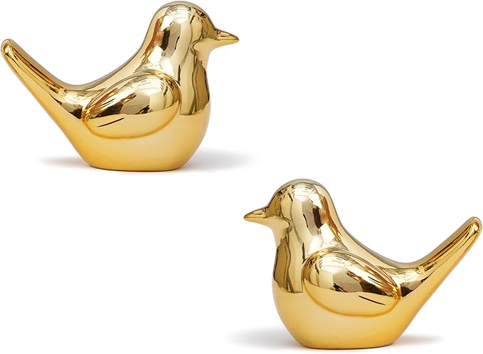 Small Gold Bird Statue Ceramic 2-Piece Set, 3¾ inch Cute Knick Knack for Home Office Shelf Desk Decor