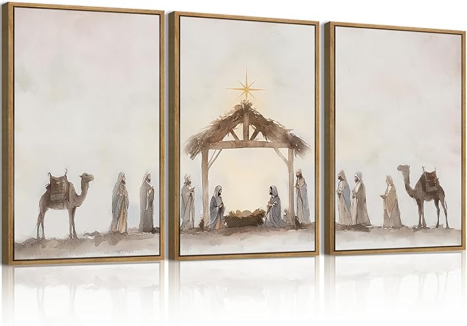Anyzal Large Jesus Framed Wall Art 16x24 Inch Easter Catholic Nativity Scene Canvas Wall Decor Christian Religious Painting for Living Room Bedroom Dining Room Set of 3