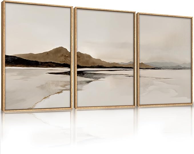 Netural Abstract Mountain Framed Canvas Wall Art Set, Nature Misty Lake Wall Decor,Modern Beige Grey Wall Painting, Minimalist Landscape Art Prints for Living Room,Bedroom,Office -24"X36"X3