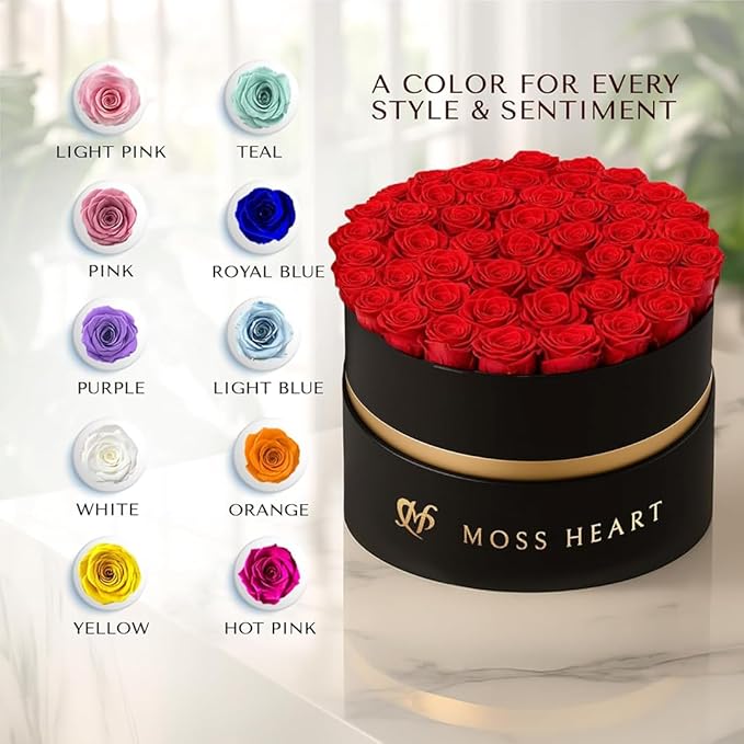 50 Petite Preserved Roses, Designer Round Box, Real Forever Roses Last 1+ Year, Premium Gift for Women, Wife, Girlfriend, Mother’s Day, Birthday, Anniversary, Valentine’s Day