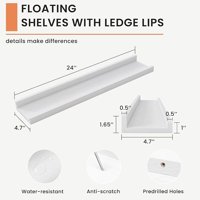 FLYJOE Picture Ledge Shelf for Wall, 24 inch Solid Ash Wood Nursery Book Shelves 2 Packs, Floating Shelves for Kids' Room Bedroom Bathroom Living Room Photo Frames Office Nursey Wall Decor, White