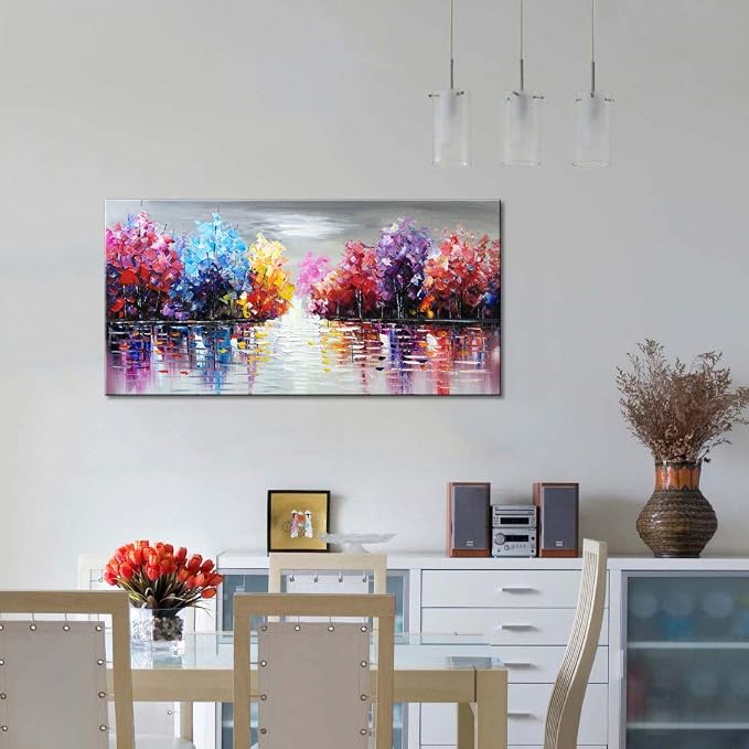 Hand Painted Colurful Textured Lake Landscape Oil Painting on Canvas Purple Tree Wall Art Abstract Nature Artwork for Living Room Bedroom Decor
