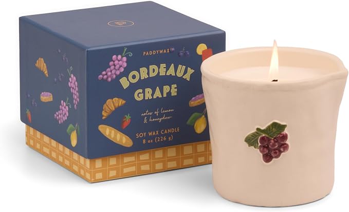Paddywax Bistro Hand Painted Scented Candle in Ceramic Reusable Food-Safe Jar with Gift Box, Soy Candle with Approx. 56 Hour Burn Time, Bordeaux Grape, 8 oz