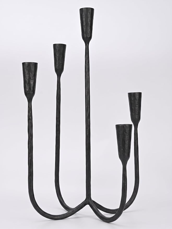 Denique 5-Arm Cast Iron Candelabra with LED Flameless Taper Candles and Remote, Tall Metal Vintage Candle Holder Centerpiece for Dining Table, Wedding and Event Decor, Black
