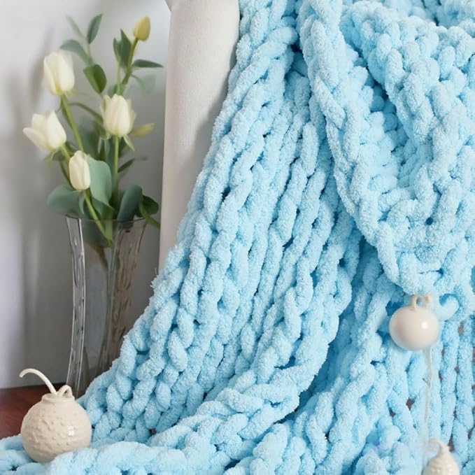 Handmade Chunky Knit Blanket, Cosy Chenille Throw (Blue, Throw (50" x 60"))