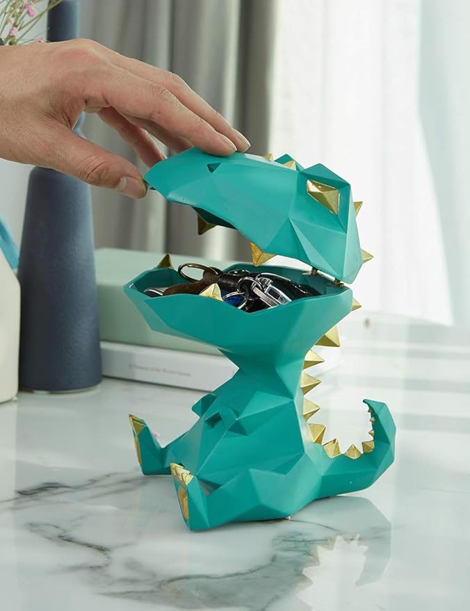 HAUCOZE Dinosaur Candy Dish Cookie Jar Storage Statue Modern Home Decor Sculpture Table Centerpiece Gift for Living Room Green 7.5 Inch