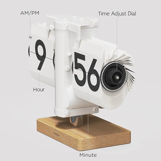 mooas Classic Modern Wood Mini Flip Desk Clock (White), Retro Vintage Analog Design Auto Flip Clock Table Clock Large Number Battery Powered, Ideal for Home Office School Hotel Café