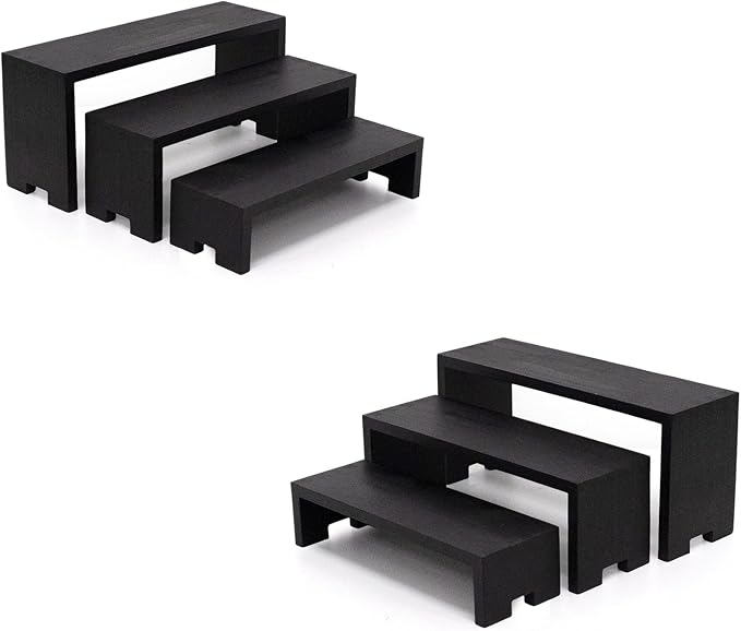 Yikaroeli 2 Set Black Display Risers Small Wooden Display Stand 6Pcs 3 Tiered Wood Racks Cupcake Stands Cologne Stands Perfume Riser for Display