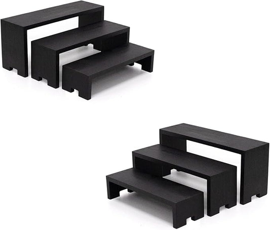 Yikaroeli 2 Set Black Display Risers Small Wooden Display Stand 6Pcs 3 Tiered Wood Racks Cupcake Stands Cologne Stands Perfume Riser for Display
