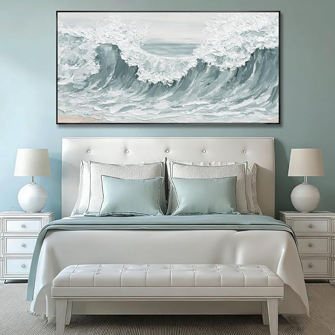 Large Framed Green Giant Waves Abstract Ocean Nature Wall Art Modern Neutral Wall Decor Canvas Print Textured White Painting Pictures for Living Room Bedroom Home 29"x58"