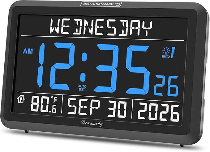 DreamSky Digital Clock with Date and Day of Week - Large Calendar Clock for Seniors Elderly, Loud Alarm Clock for Bedroom Desk, Backlight Dimmer, Adjustable Volume, USB Port, Auto DST, Battery Backup