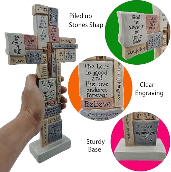 Cross Sculpture with Christian Words and Sayings Crossword Table Inspirational Figurine Cross for Home Decor Christian Gifts