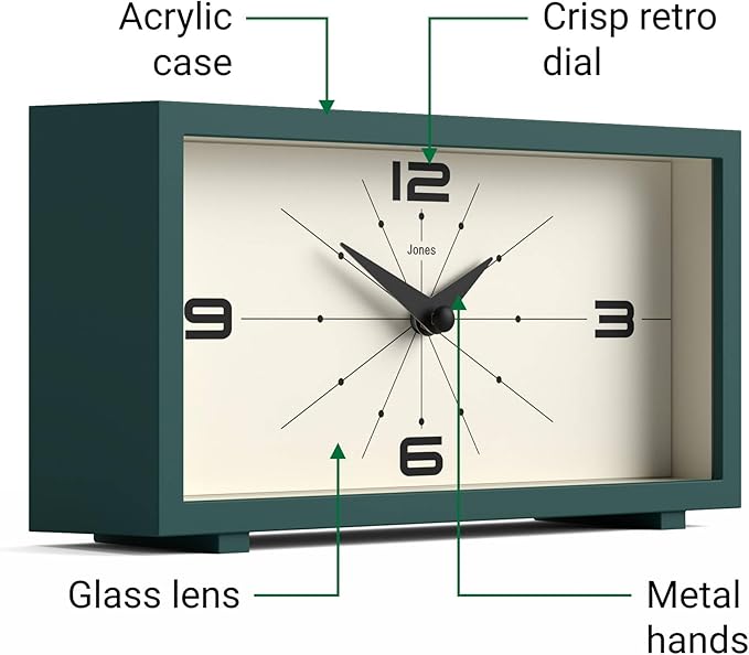 JONES CLOCKS® Odeon Desk Clock | Modern Rectangular Design | Green | Stylish Retro Look for Shelf, Table, Mantel or Bedside