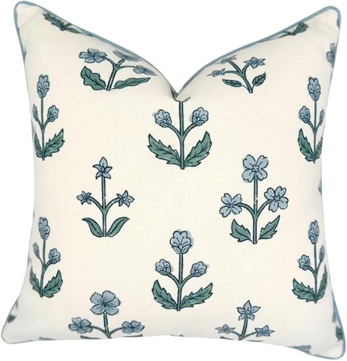 Jillien Harbor "The Bella” Floral Block Print Pillow Cover – Blue & White Decorative Throw Pillow Cover with White Background – Grandmillennial Home Decor, 20" x 20"