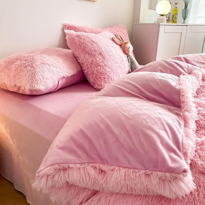 chovy Faux Fur Plush Light Pink Comforter Sets Twin/Full Size - Ultra Soft Shaggy Flannel Velvet Fluffy Fuzzy 3PC Bedding Set （Comforter x 1 Pillowcases x 2）