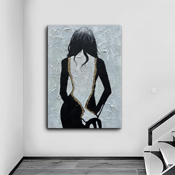 zoinart Hand Painted Black and White Textured Wall Art, 28x40 Inches, Black and White Girl Abstract Painting, Vertical Wall Decor