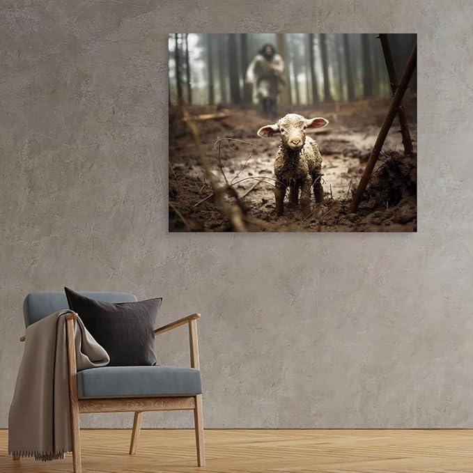 Jesus and Lamb Canvas Wall Art Jesus Running After Lost Lamb Picture Wall Art Canvas Print Christian Home Decor 20x16 inch