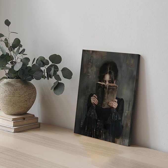 Dark Academia Book Wall Art Vintage Gothic Victorian Woman Reading Wall Decor Poster Painting Picture Moody Girl Aesthetic Canvas Print for Bedroom Living Room Dorm Library Corner 12x16Inch Framed
