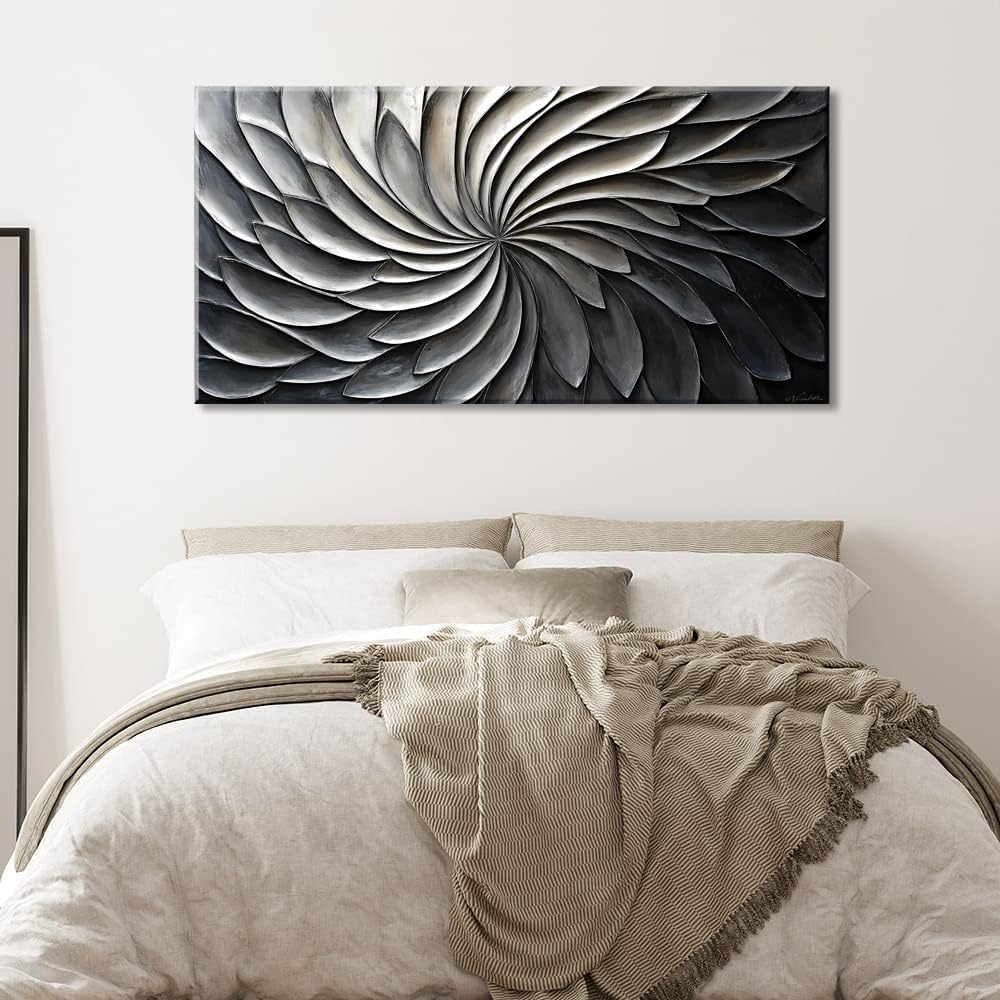 LASMOND Abstract Black and White Wall Art for Living Room Modern Canvas Print Painting Lines Flower Floral Large Artwork Bedroom Home Office Wall Décor (46x23 Inches)