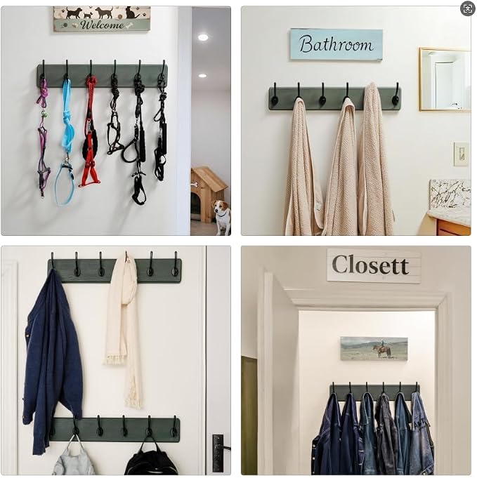Dseap Coat Rack Wall: 24" Long, Patented, Heavy-Duty, 6-Double-Hooks Wooden Wall Mounted Coat Rack Coat Hanger Hook Rail for Winter Coats Hat Jacket Clothing, Weathered Green, Pack of 2