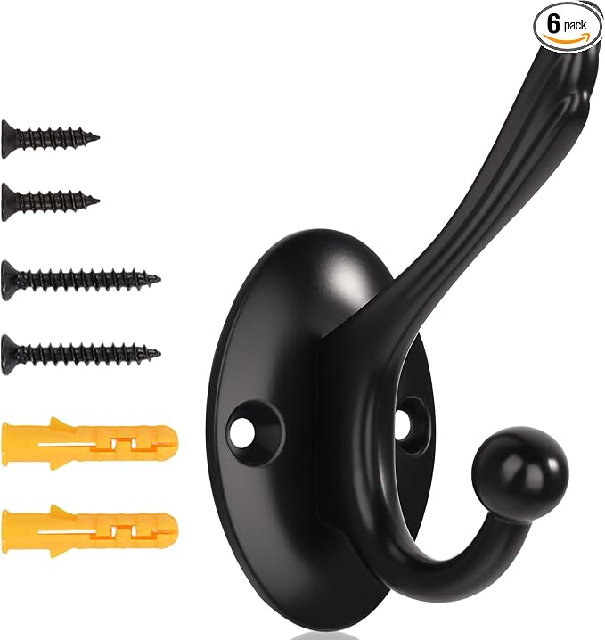 Matte Black Heavy Duty Wall Hooks – 6 Pack Black Coat Hooks for Hanging Coats,Robes,Bags,Hats,Wall Mounted with Includes Two Types of Installation Screws TYDB