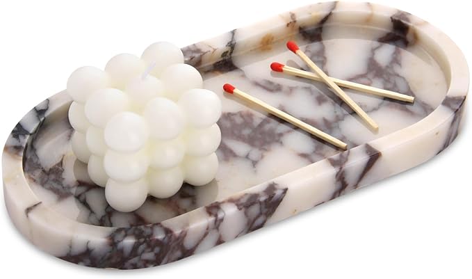 Oval Marble Bathroom Vanity Tray, Natural Luxury Marble Home Kitchen Bathroom Table Tray, Stone Decorative Countertop Tray for Coffee Perfume Jewelry (Calacatta Viola, 10" x 5" x 0.6")