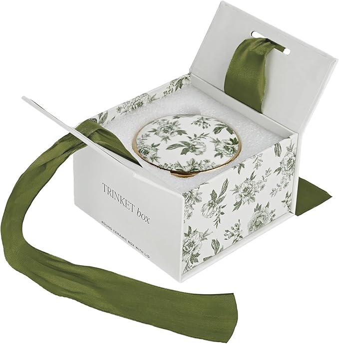 Sweet Water Decor Green Delft Round Trinket Box, Jewelry Storage for Bathroom Counter or Nightstand, Ring Holder for Bridal Shower, Wedding, or Home, Elegant Jewelry Holder & Organizer for Women